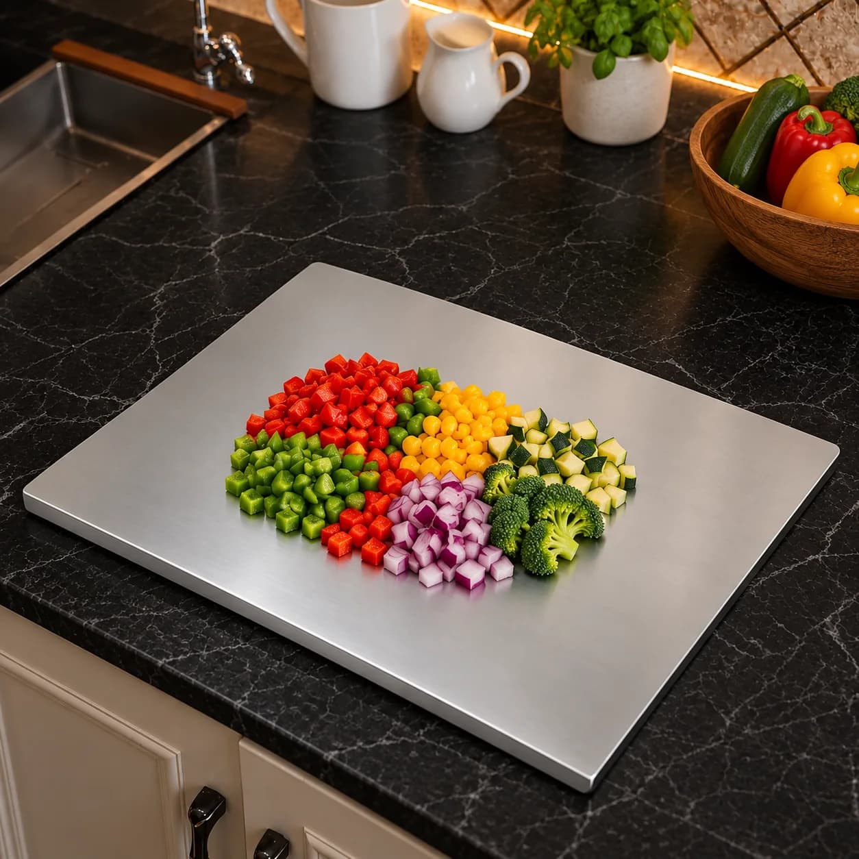 Stainless steel chopping board on a kitchen counter with chopped vegetables