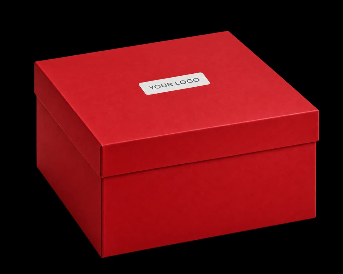 Red gift box with a blank label showing where your logo is applied